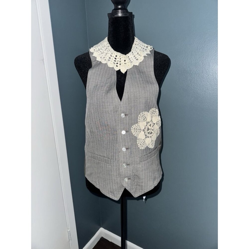 Vintage gray pinstripe vest with crochet collar and appliqué cottagecore